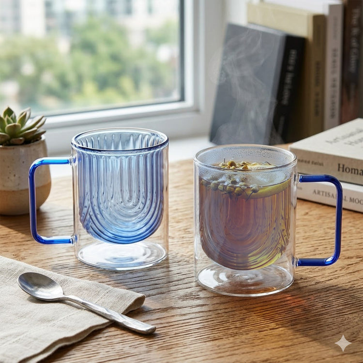 JS Gourmet Tasses en verre à double paroi, forme archée, grain, avec poignée, lot de 2 (bleues) - Simple Boutique