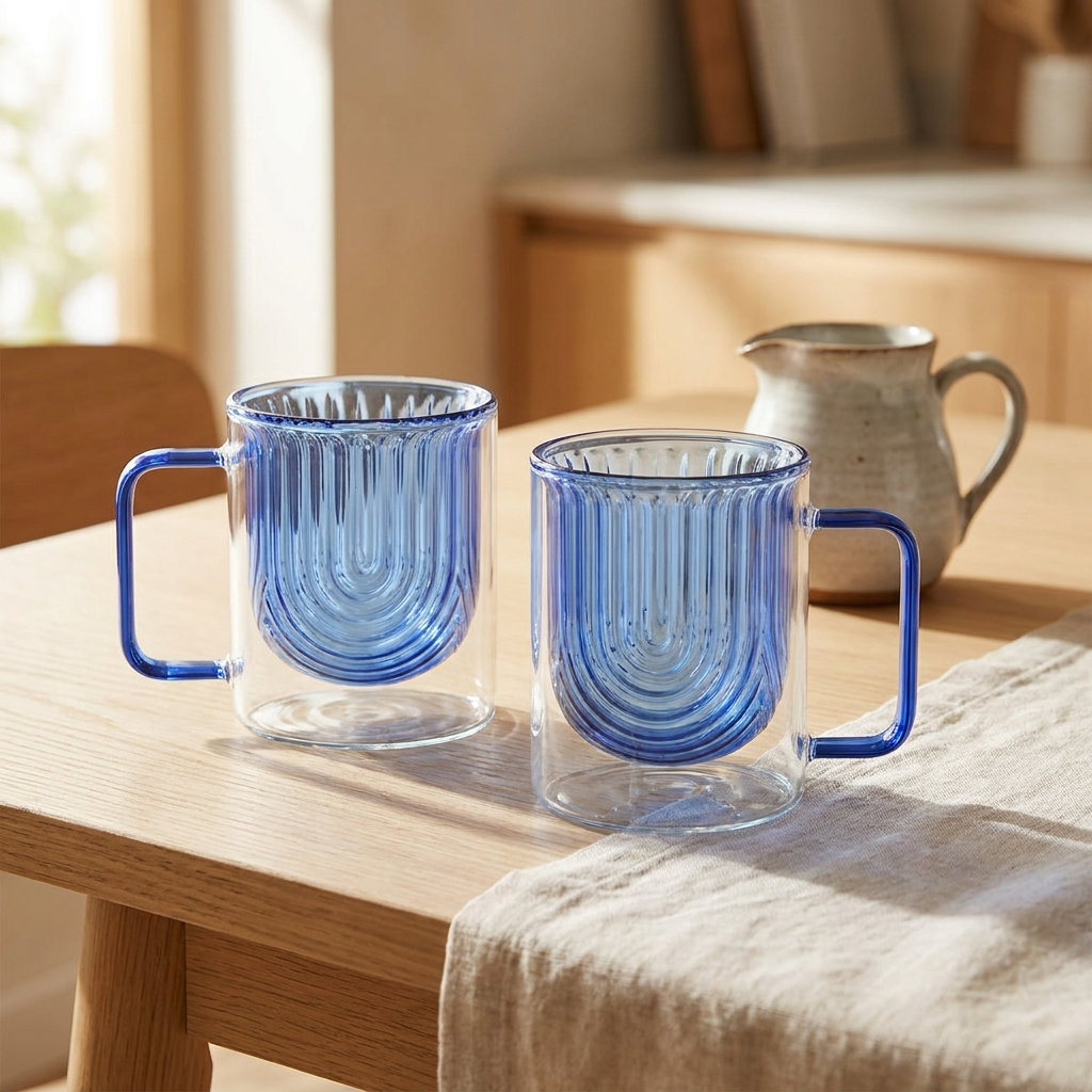 JS Gourmet Tasses en verre à double paroi, forme archée, grain, avec poignée, lot de 2 (bleues) - Simple Boutique
