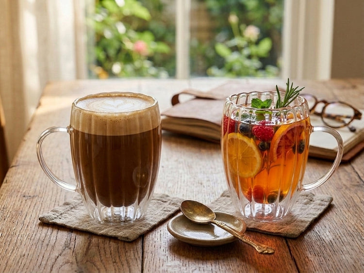 JS Gourmet Tasses en verre borosilicate à double paroi à design de rainures embossées, 350 ml (ensemble de 2) - Simple Boutique