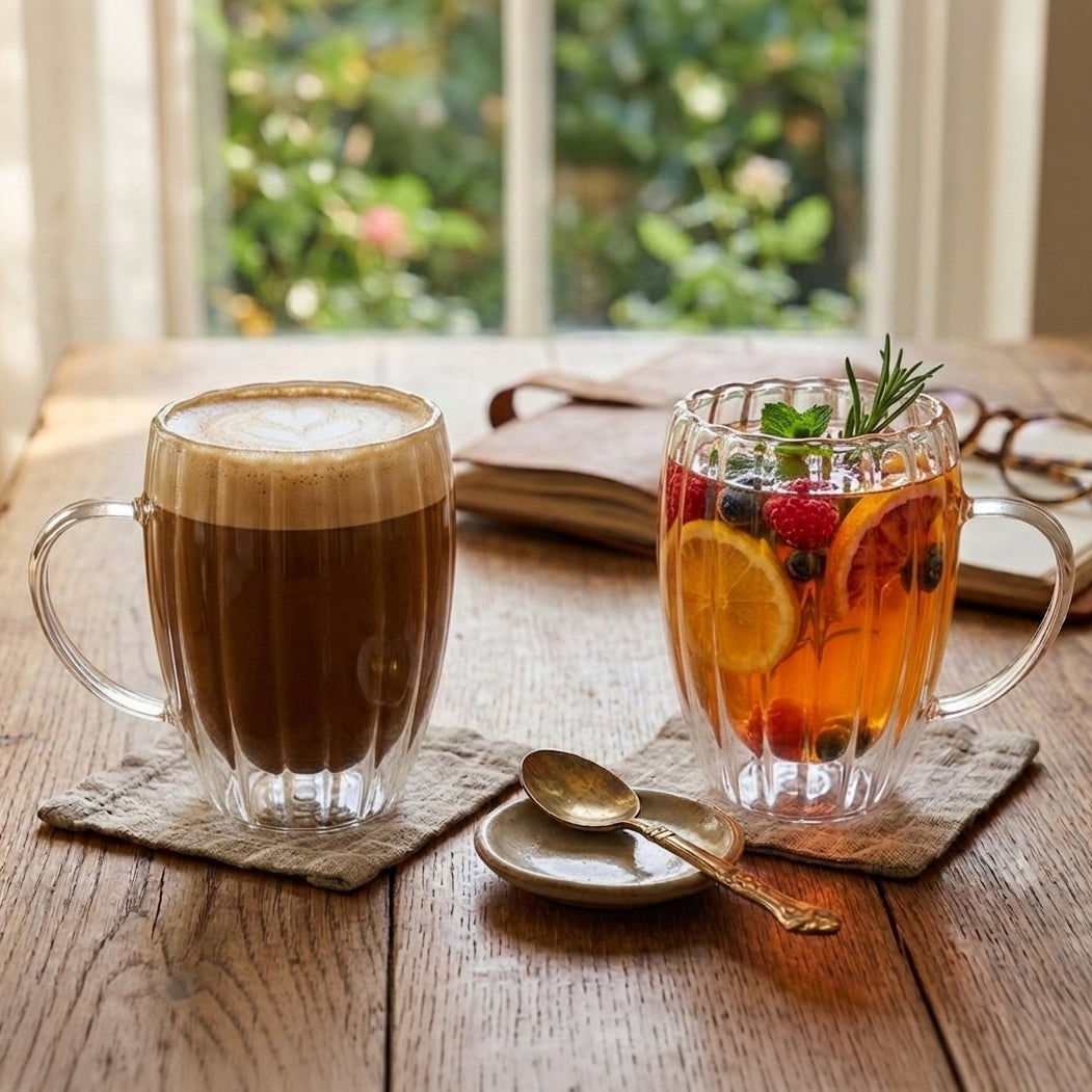 JS Gourmet Tasses en verre borosilicate à double paroi à design de rainures embossées, 350 ml (ensemble de 2) - Simple Boutique