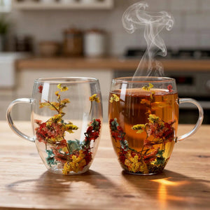 JS Gourmet Tasses en verre borosilicate à double paroi avec fleurs séchées flottantes, 350 ml (ensemble de 2) - Simple Boutique