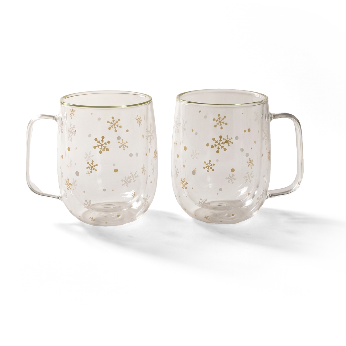 JS Gourmet Tasses en verre borosilicate à double paroi avec flocons de neige dorés et blancs, 300 ml - Lot de 2 - Simple Boutique