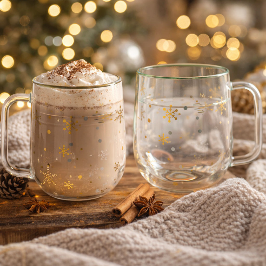 JS Gourmet Tasses en verre borosilicate à double paroi avec flocons de neige dorés et blancs, 300 ml (ensemble de 2) - Simple Boutique