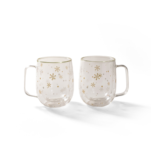 JS Gourmet Tasses en verre borosilicate à double paroi avec flocons de neige dorés et blancs, 300 ml (ensemble de 2) - Simple Boutique