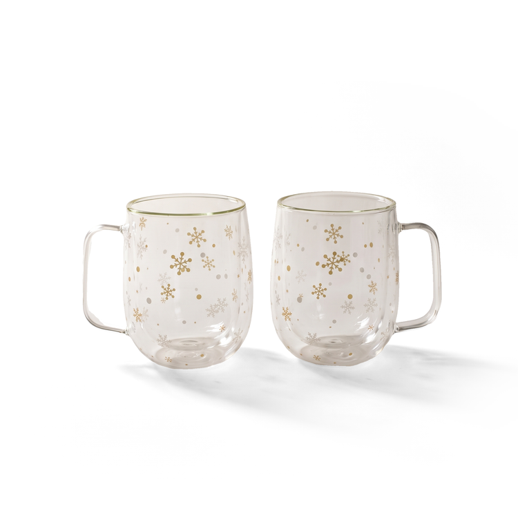 JS Gourmet Tasses en verre borosilicate à double paroi avec flocons de neige dorés et blancs, 300 ml (ensemble de 2) - Simple Boutique