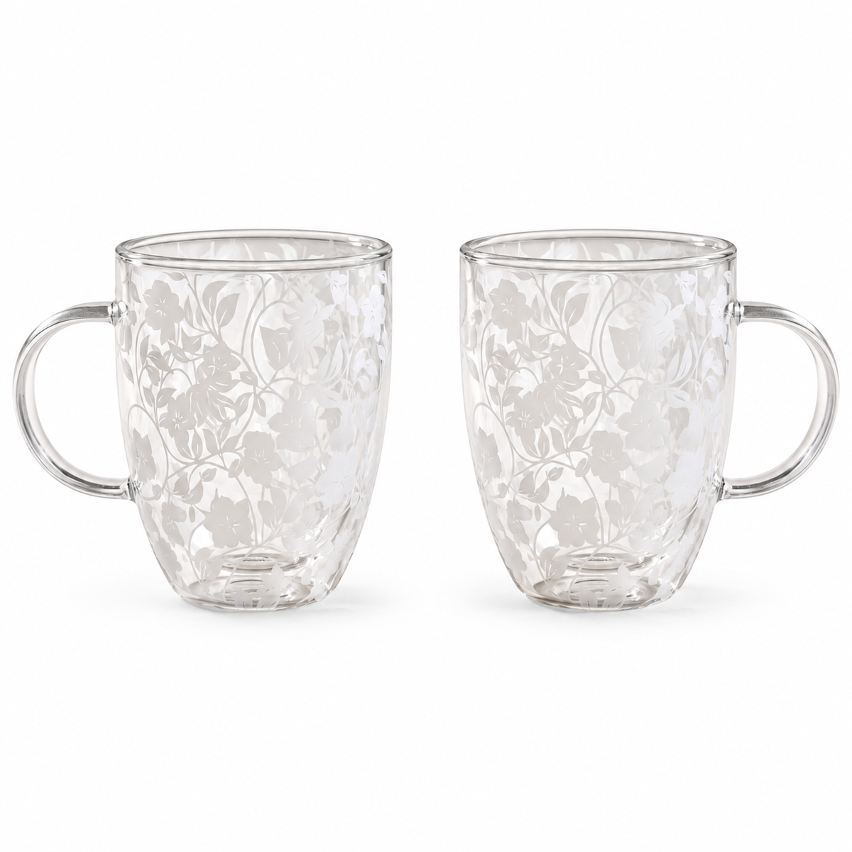 JS Gourmet Tasses en verre borosilicate à double paroi avec motif floral blanc superposé, 350 ml - Lot de 2 - Simple Boutique