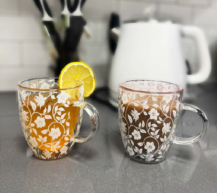 JS Gourmet Tasses en verre borosilicate à double paroi avec motif floral blanc superposé, 350 ml (lot de 2) - Simple Boutique
