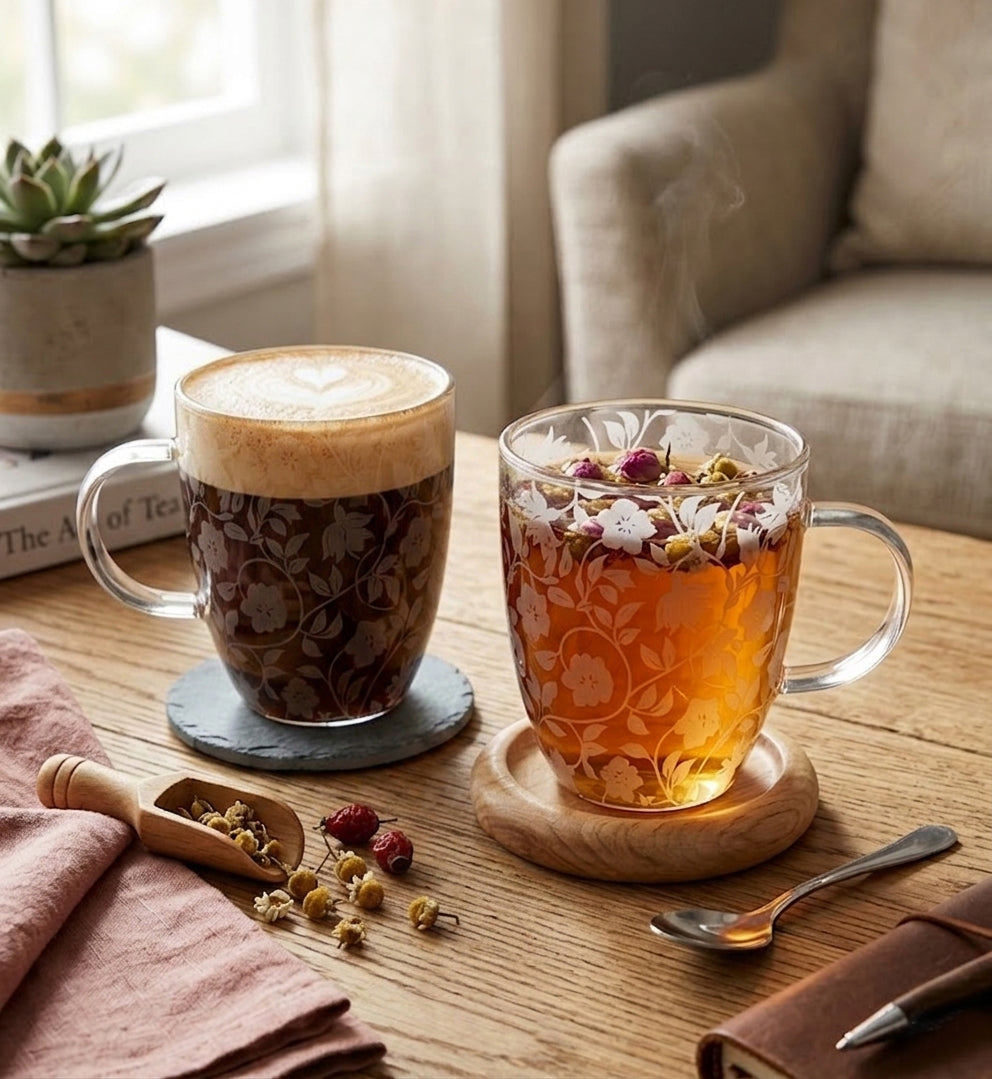 JS Gourmet Tasses en verre borosilicate à double paroi avec motif floral blanc superposé, 350 ml (lot de 2) - Simple Boutique