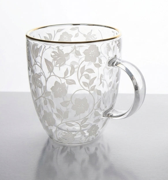 JS Gourmet Tasses en verre borosilicate à double paroi avec motif floral blanc superposé, 350 ml (lot de 2) - Simple Boutique