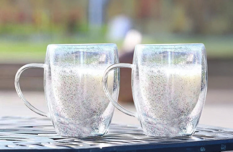 JS Gourmet Tasses en verre borosilicate à double paroi avec paillettes flottantes, 350 ml - Lot de 2 - Simple Boutique
