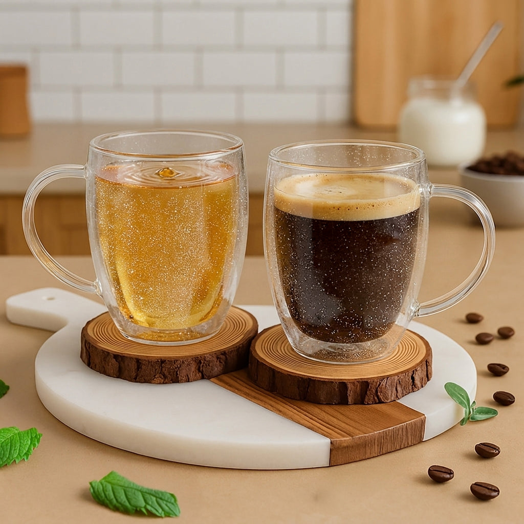 JS Gourmet Tasses en verre borosilicate à double paroi avec paillettes flottantes, 350 ml - Lot de 2 - Simple Boutique