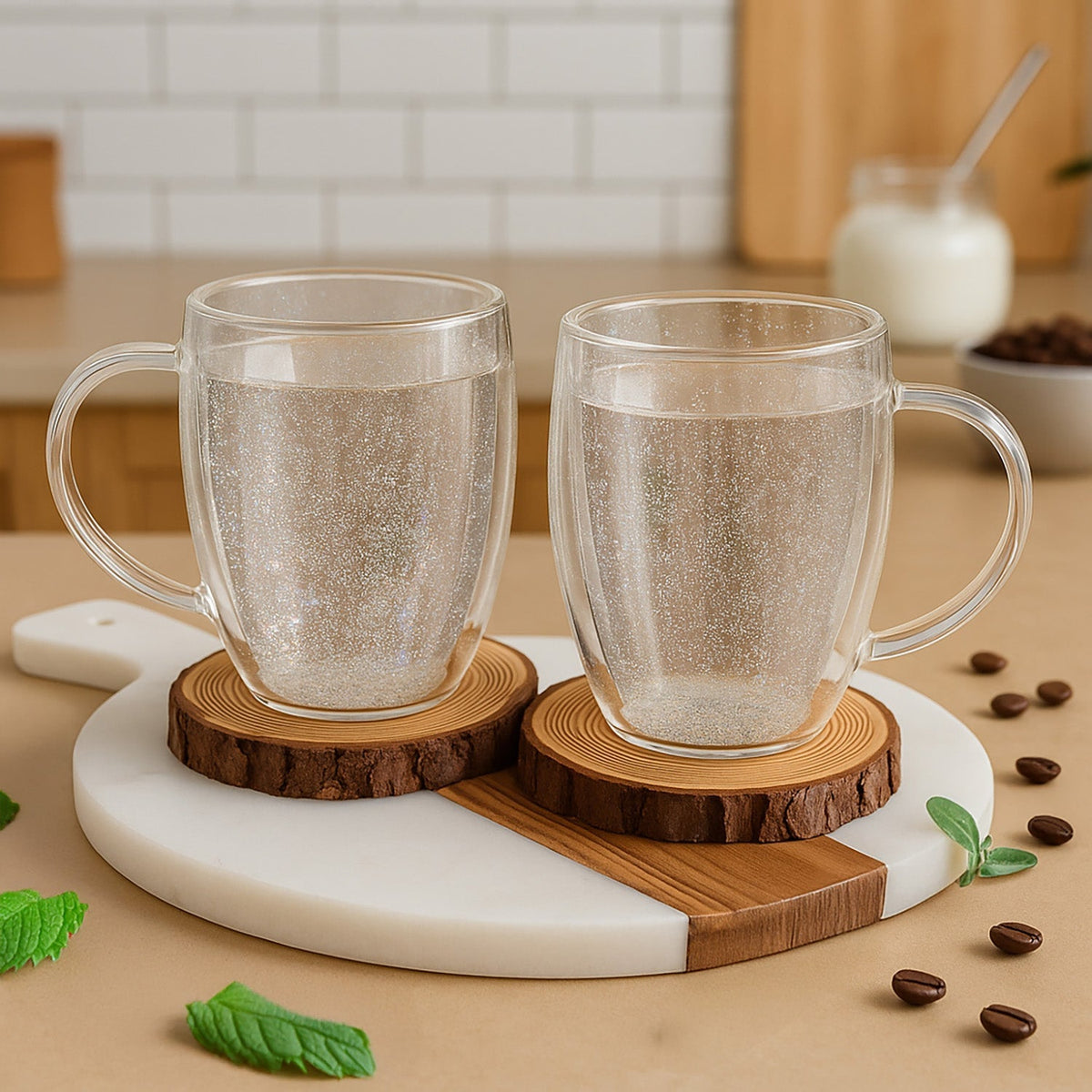 JS Gourmet Tasses en verre borosilicate à double paroi avec paillettes flottantes, 350 ml (ensemble de 2) - Simple Boutique