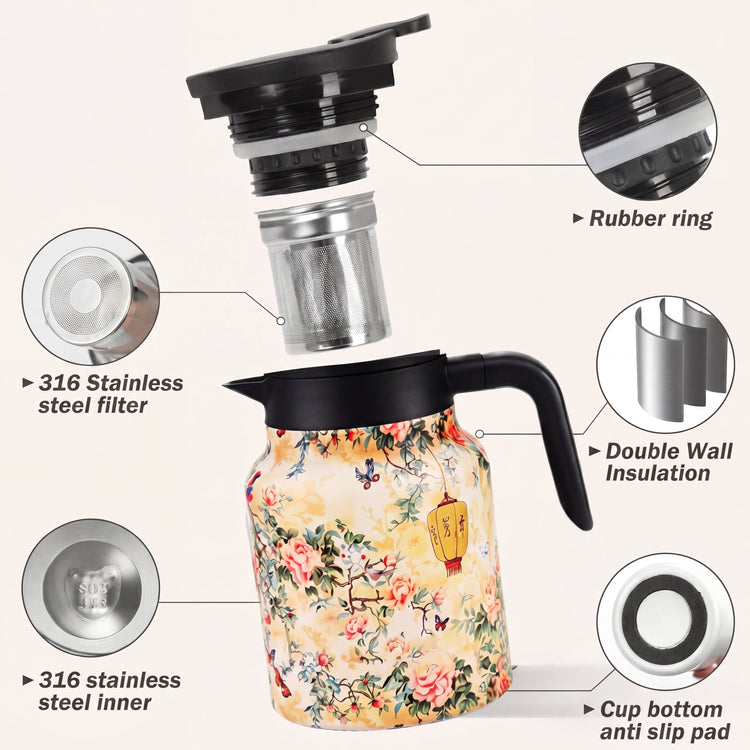 JS Gourmet Thermos à thé floral vintage, 1,5 L - Simple Boutique