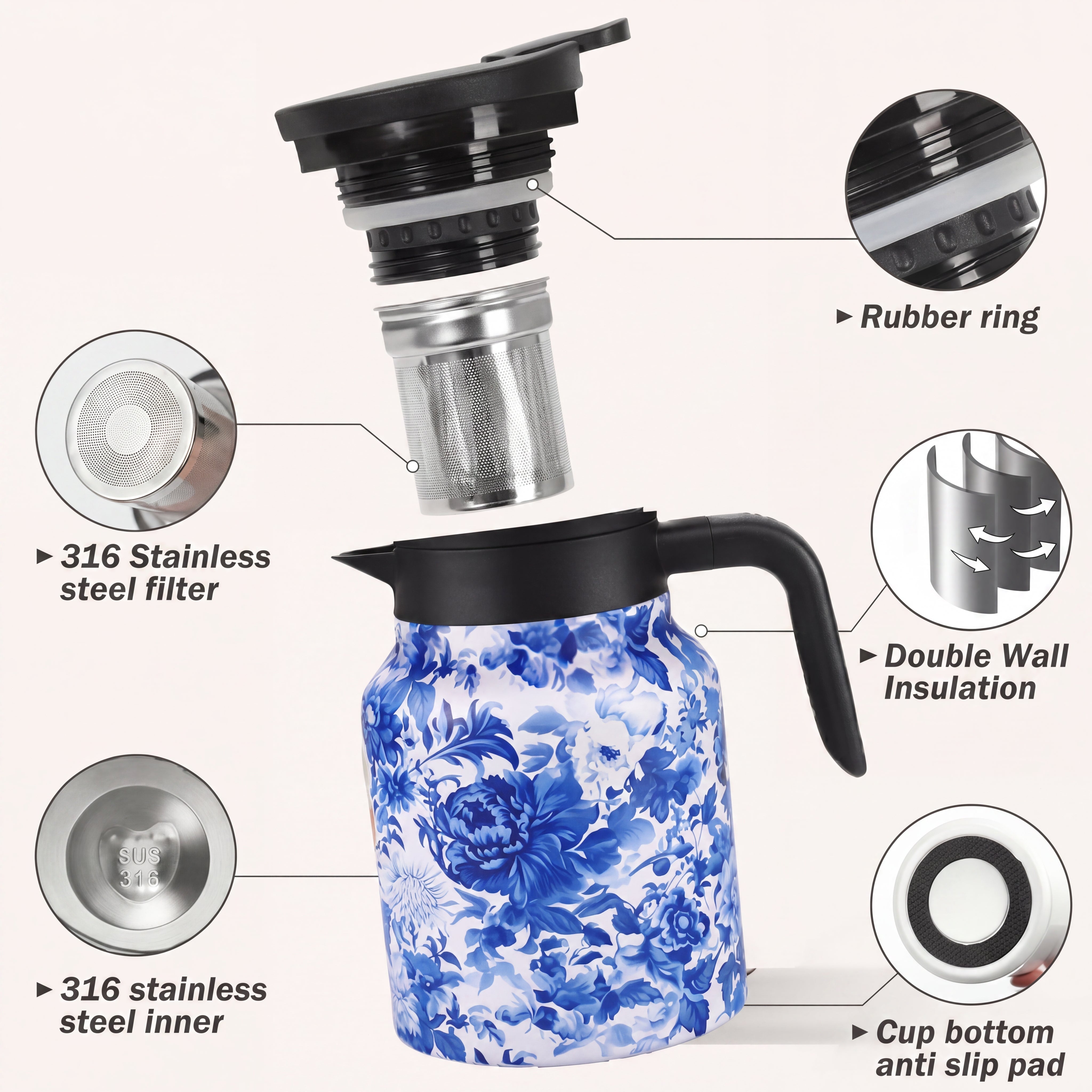 JS Gourmet Thermos à thé vintage à motif floral 1,5 L - Simple Boutique