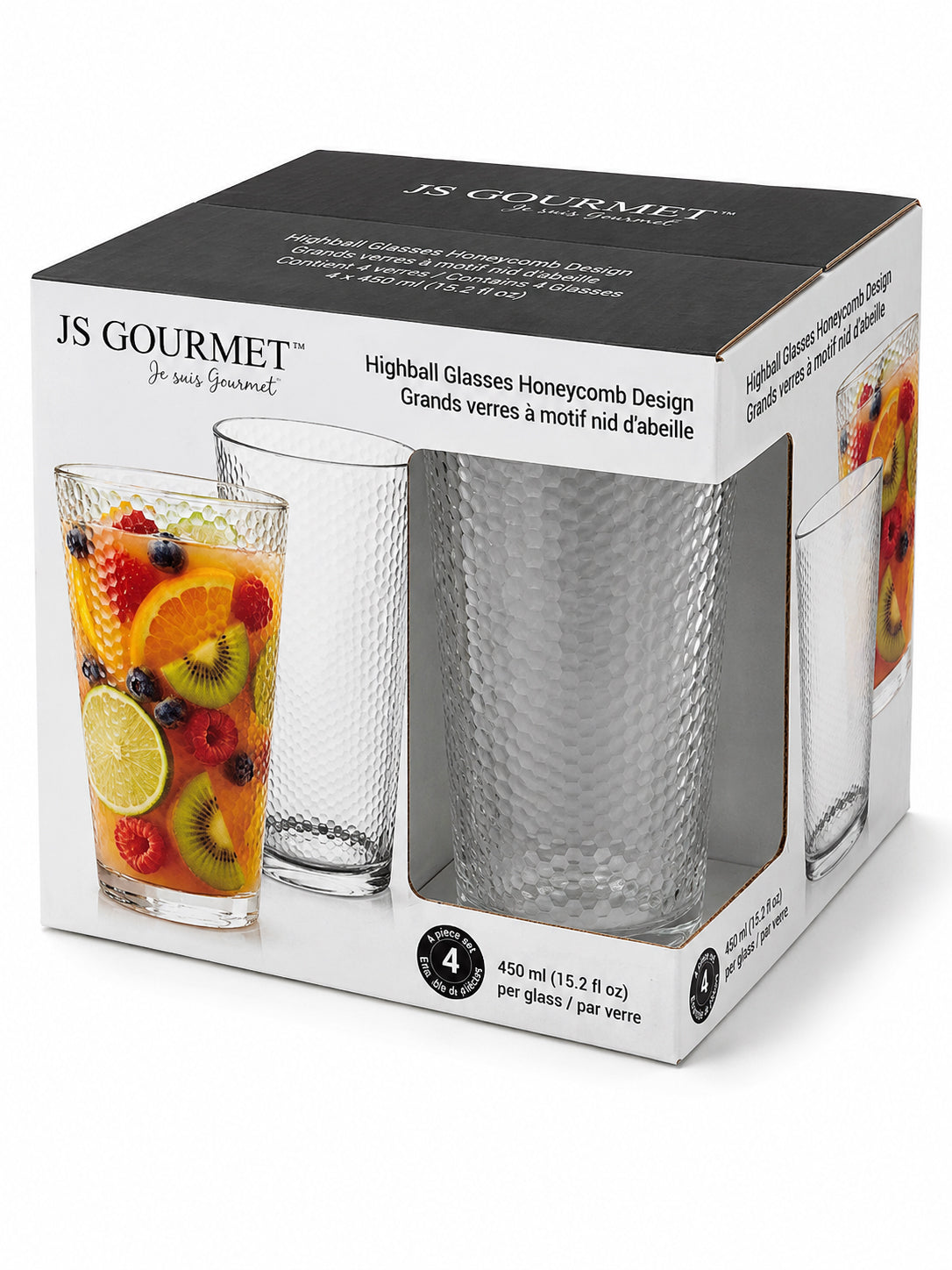 JS Gourmet Verres Highball 450 ml - Lot de 4 Motif nid d'abeille - emballage - Simple Boutique