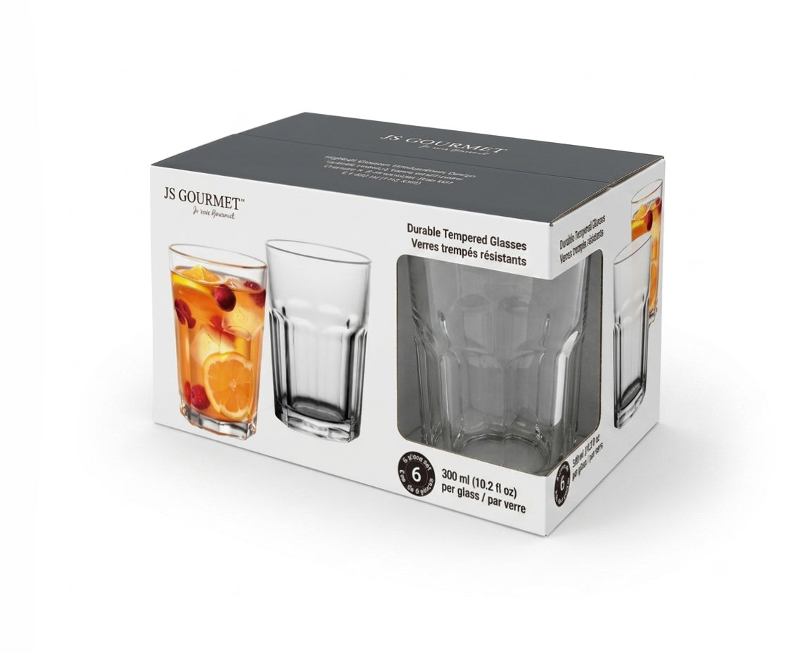 JS Gourmet Verres Trempés 300 ml - Lot de 6 Design Facetté - emballage - Simple Boutique