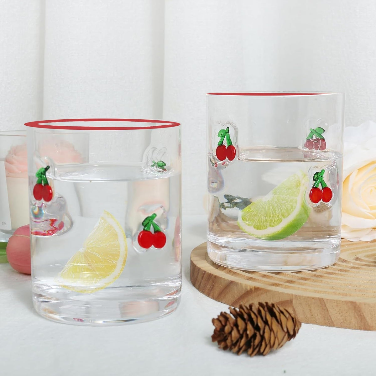 JS Gourmet Verres Tumbler Icon 3D Rétro, Cerise / Bord Rouge (Lot de 2) - Simple Boutique