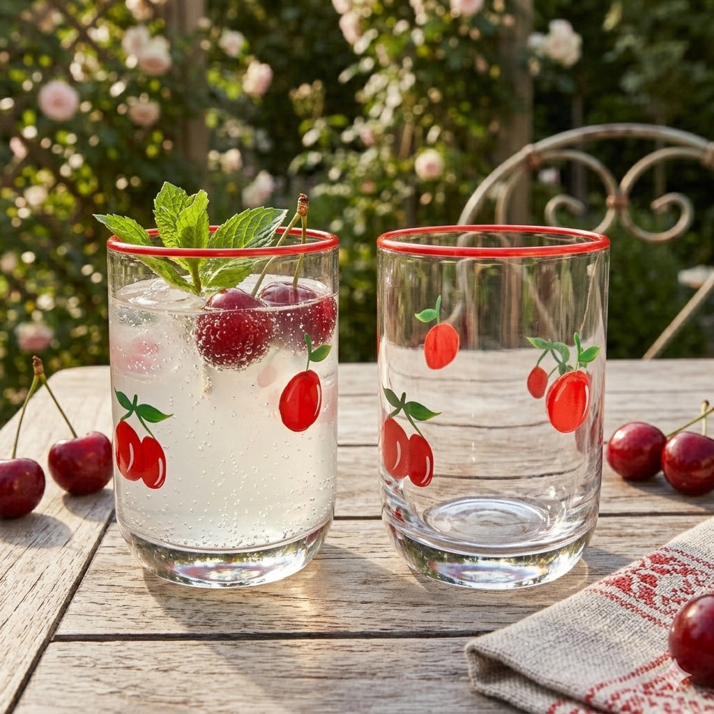 JS Gourmet Verres Tumbler Icon 3D Rétro, Cerise / Bord Rouge (Lot de 2) - Simple Boutique