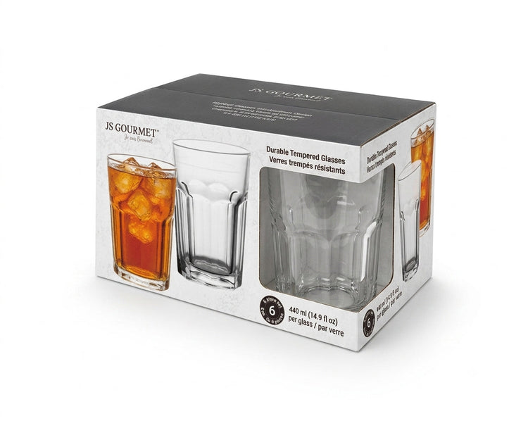 JS Gourmet Verres à Highball trempés 440 ml - Lot de 6 à motif facetté - emballage - Simple Boutique