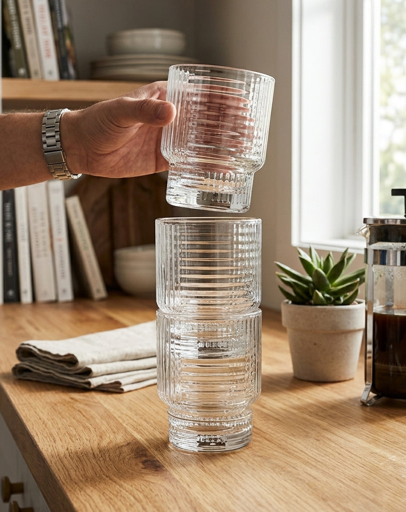 JS Gourmet Verres à boire empilables à côtes, Lot de 4 - 325 ml - Simple Boutique