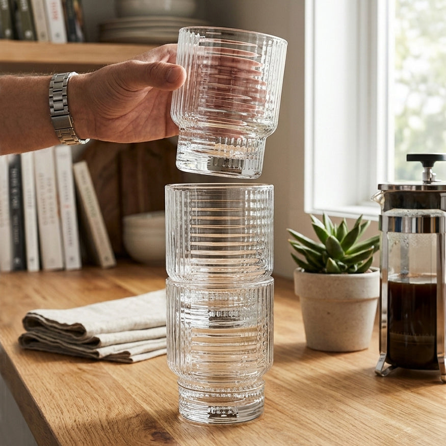 JS Gourmet Verres à boire empilables à côtes, Lot de 4 - 325 ml - Simple Boutique