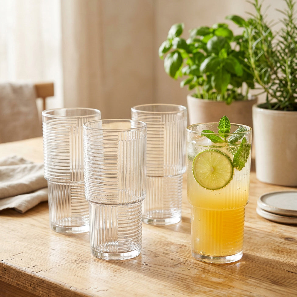JS Gourmet Verres à boire empilables et nervurés, Lot de 4 - 450 ml - Simple Boutique