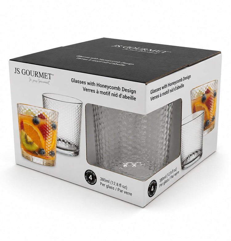 JS Gourmet Verres à eau 380 ml - Lot de 4 Motif nid d'abeille - emballage - Simple Boutique