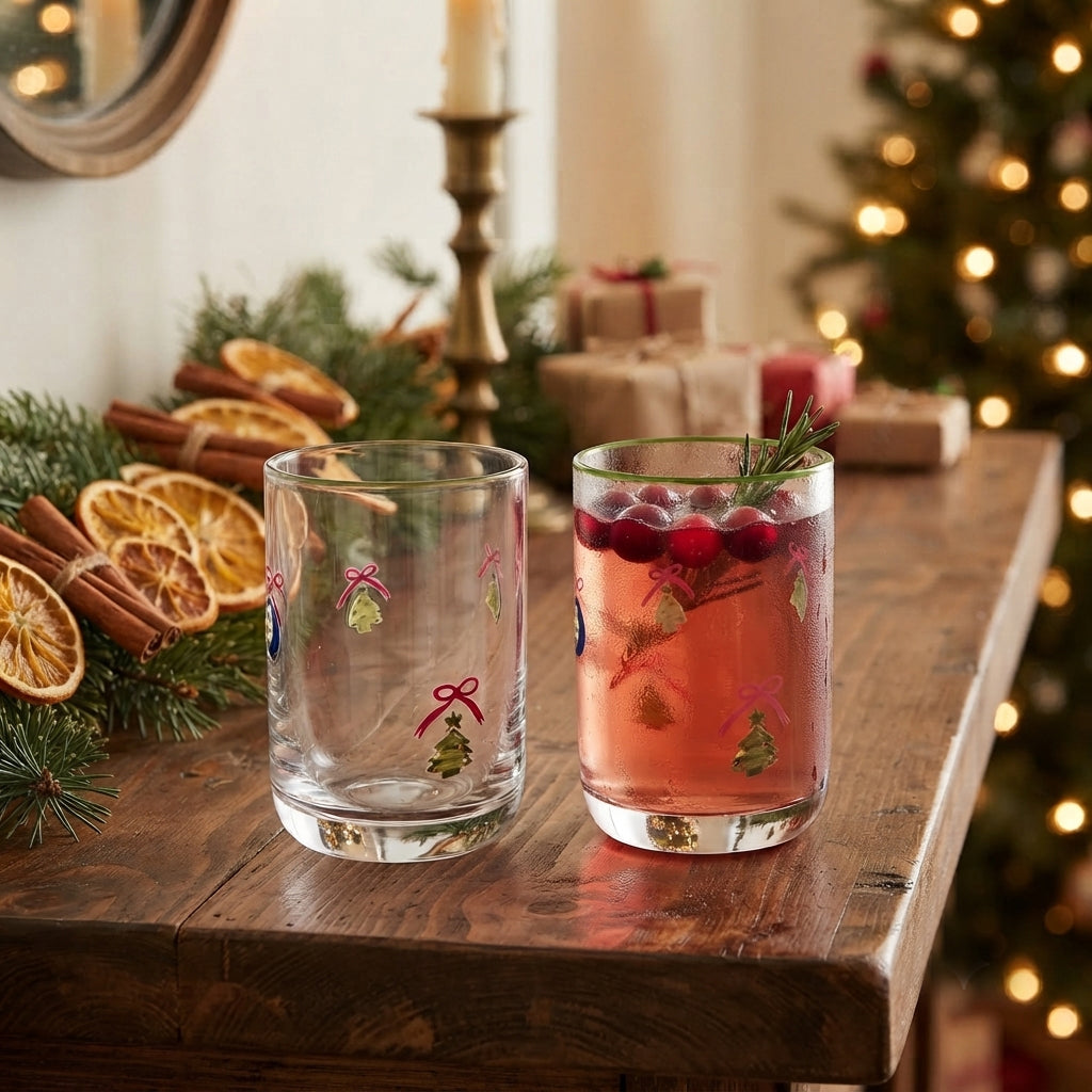 JS Gourmet Verres à whisky 3D vintage Icône, bordure sapin / verte (Lot de 2) - Simple Boutique