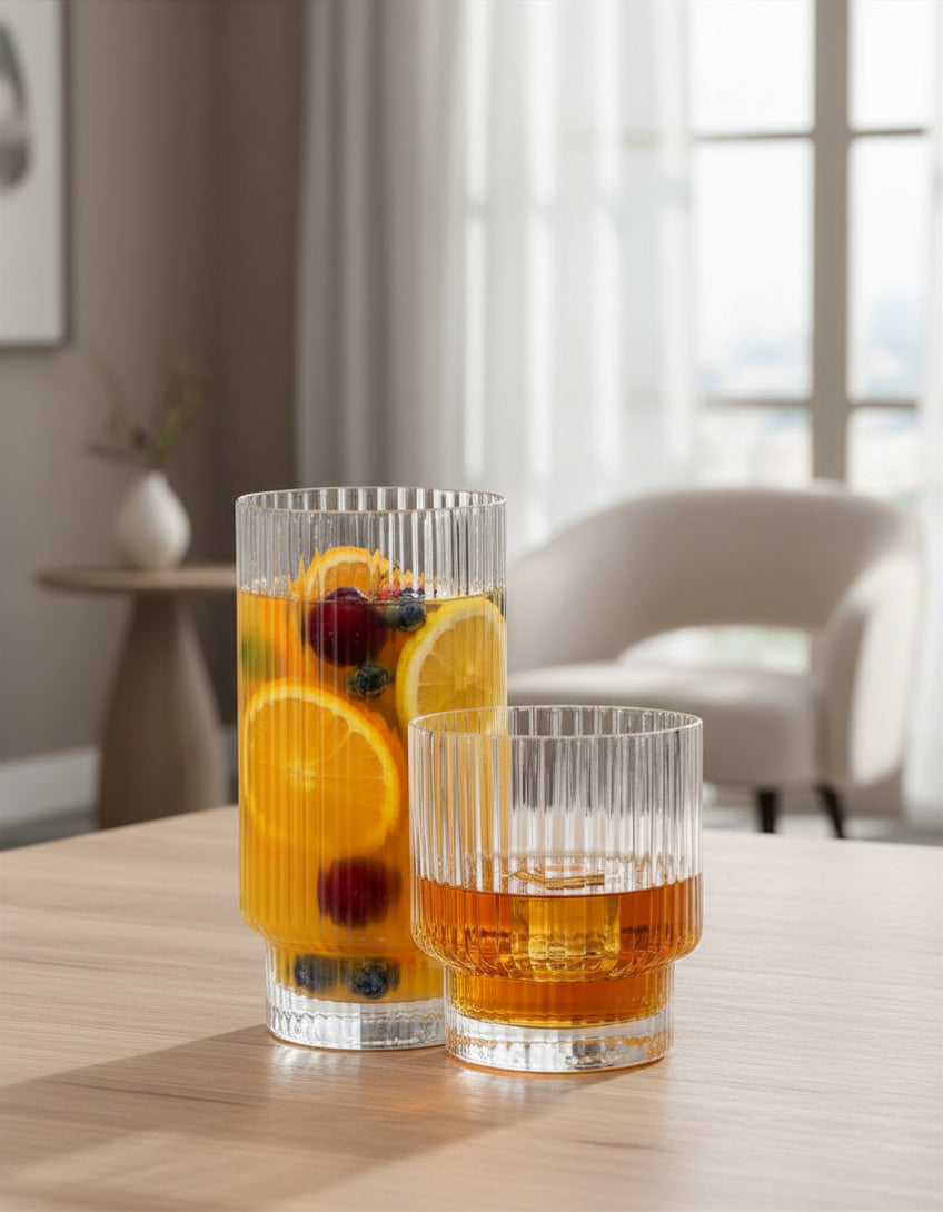 JS Gourmet Verres nervurés empilables Ridge Vintage — Ensemble de 8 (4 x 325 ml + 4 x 185 ml) - Simple Boutique