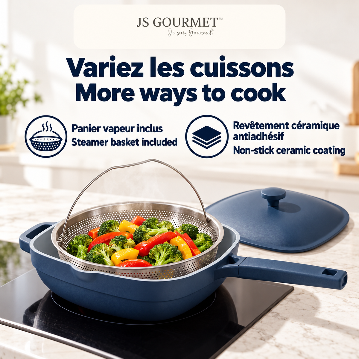 JS Gourmet Wok en aluminium moulé sous pression avec cuit-vapeur et couvercle, 3,6 L, 26 cm, Bleu - Simple Boutique
