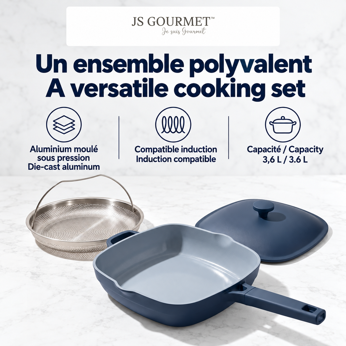 JS Gourmet Wok en aluminium moulé sous pression avec cuit-vapeur et couvercle, 3,6 L, 26 cm, Bleu - Simple Boutique