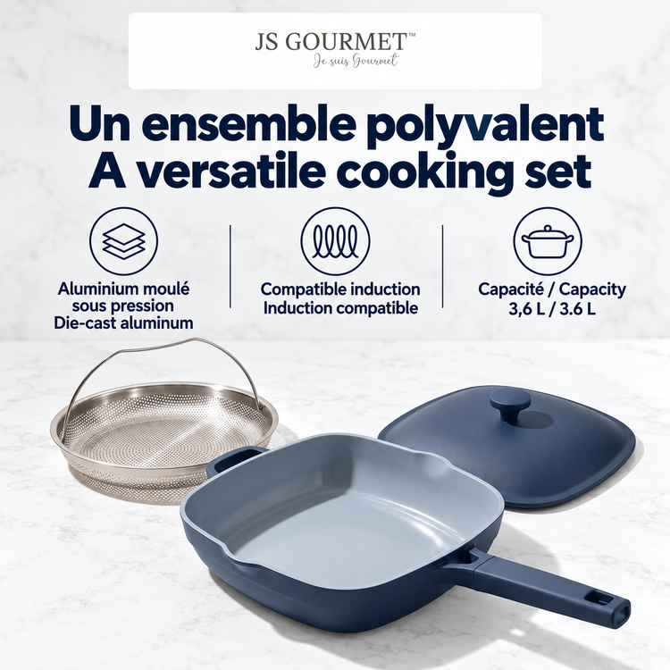 JS Gourmet Wok en aluminium moulé sous pression avec cuit-vapeur et couvercle, 3,6 L, 26 cm, Bleu - Simple Boutique