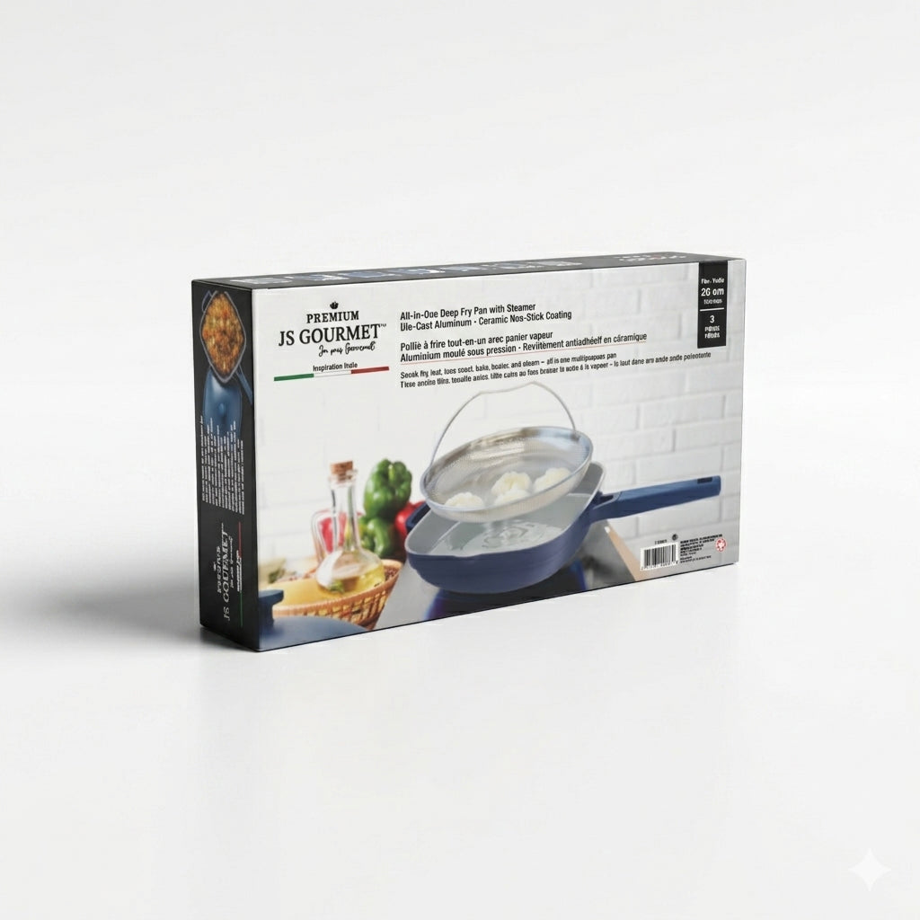 JS Gourmet Wok en aluminium moulé sous pression avec cuit-vapeur et couvercle, 3,6 L, 26 cm, Bleu - emballage - Simple Boutique