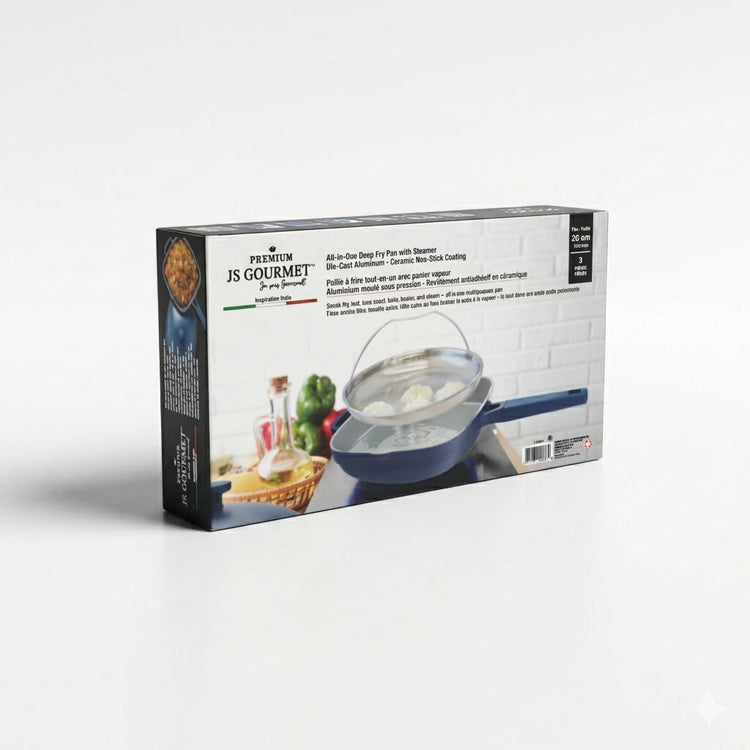 JS Gourmet Wok en aluminium moulé sous pression avec cuit-vapeur et couvercle, 3,6 L, 26 cm, Bleu - emballage - Simple Boutique