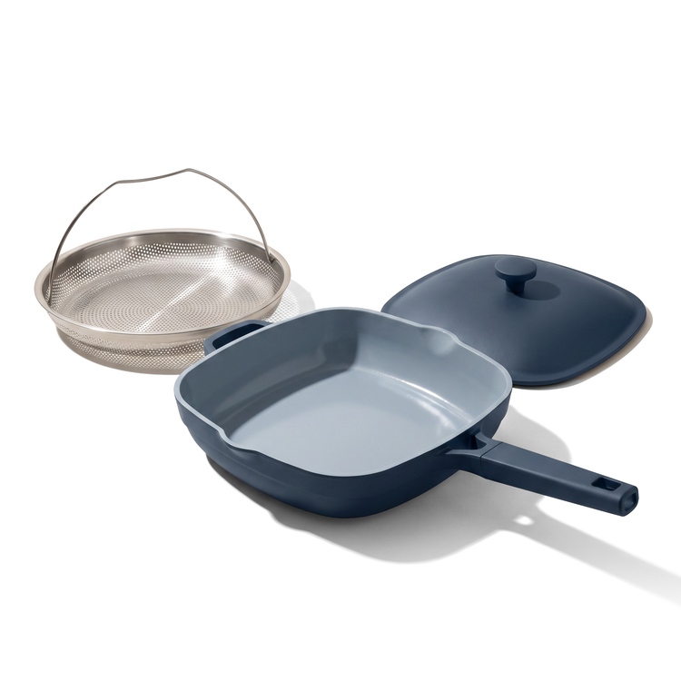 JS Gourmet Wok en aluminium moulé sous pression avec cuit-vapeur et couvercle, 3,6 L, 26 cm, Bleu - Simple Boutique