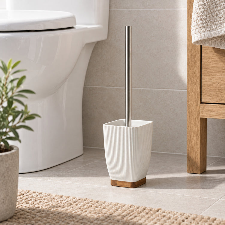 JS Maison Brosse WC blanche en polyrésine avec accent en bois d'acacia - Simple Boutique