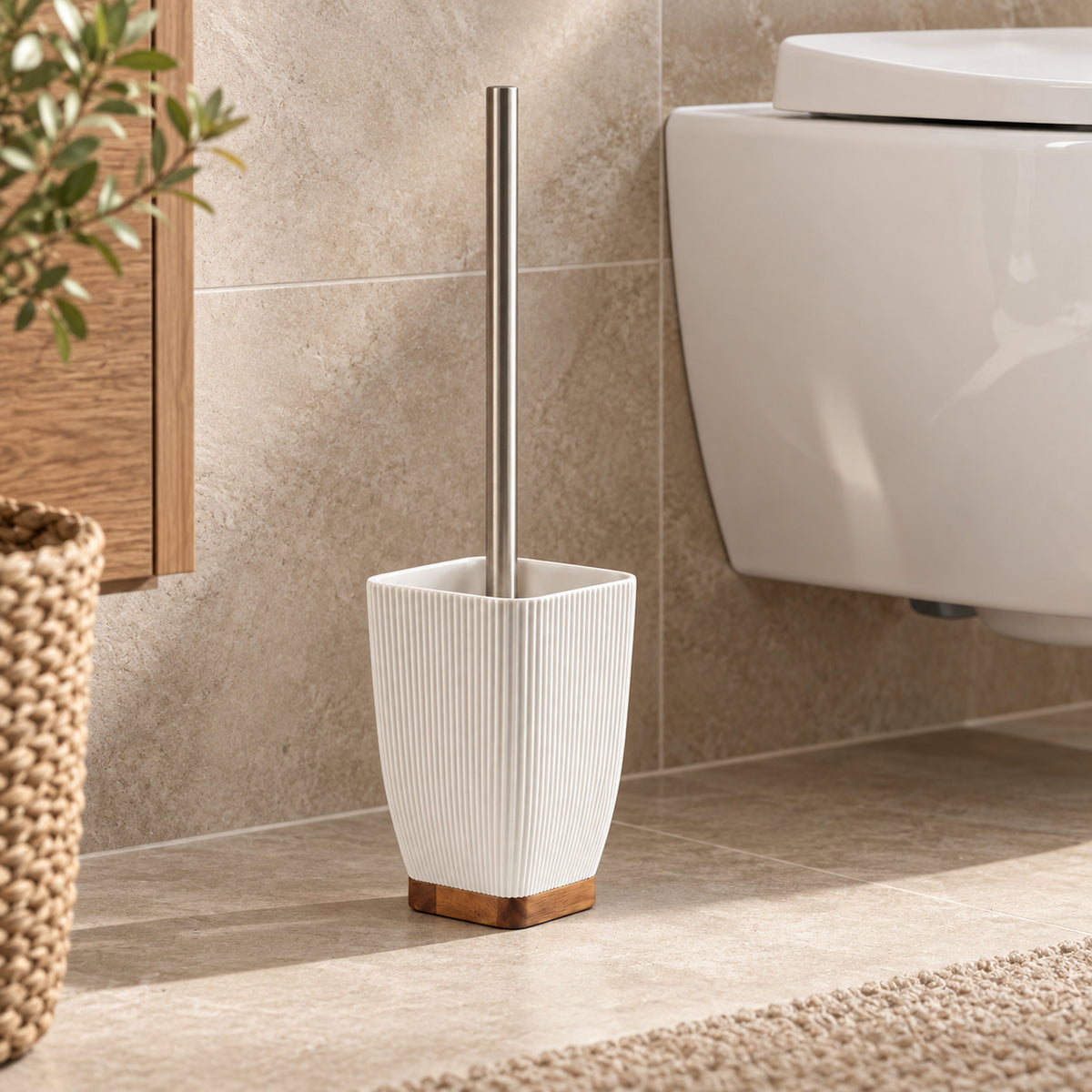 JS Maison Brosse WC blanche en polyrésine avec accent en bois d'acacia - Simple Boutique