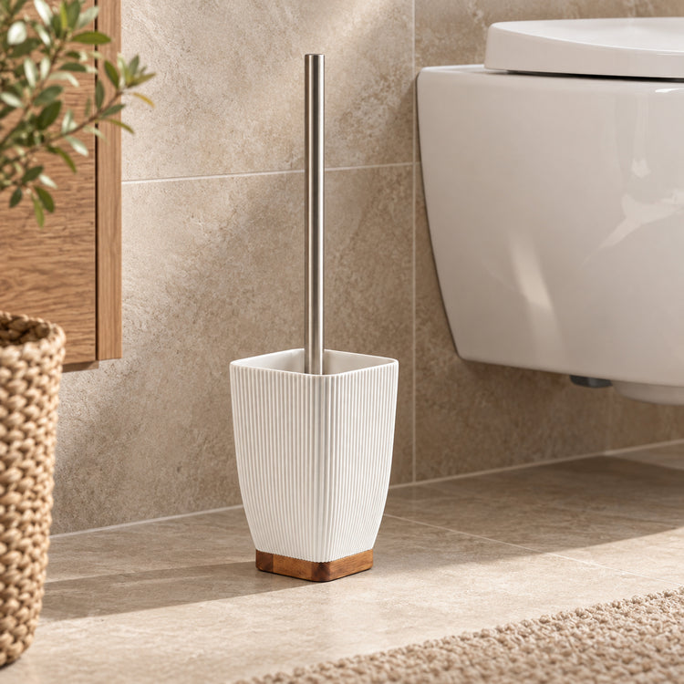 JS Maison Brosse WC blanche en polyrésine avec accent en bois d'acacia - Simple Boutique