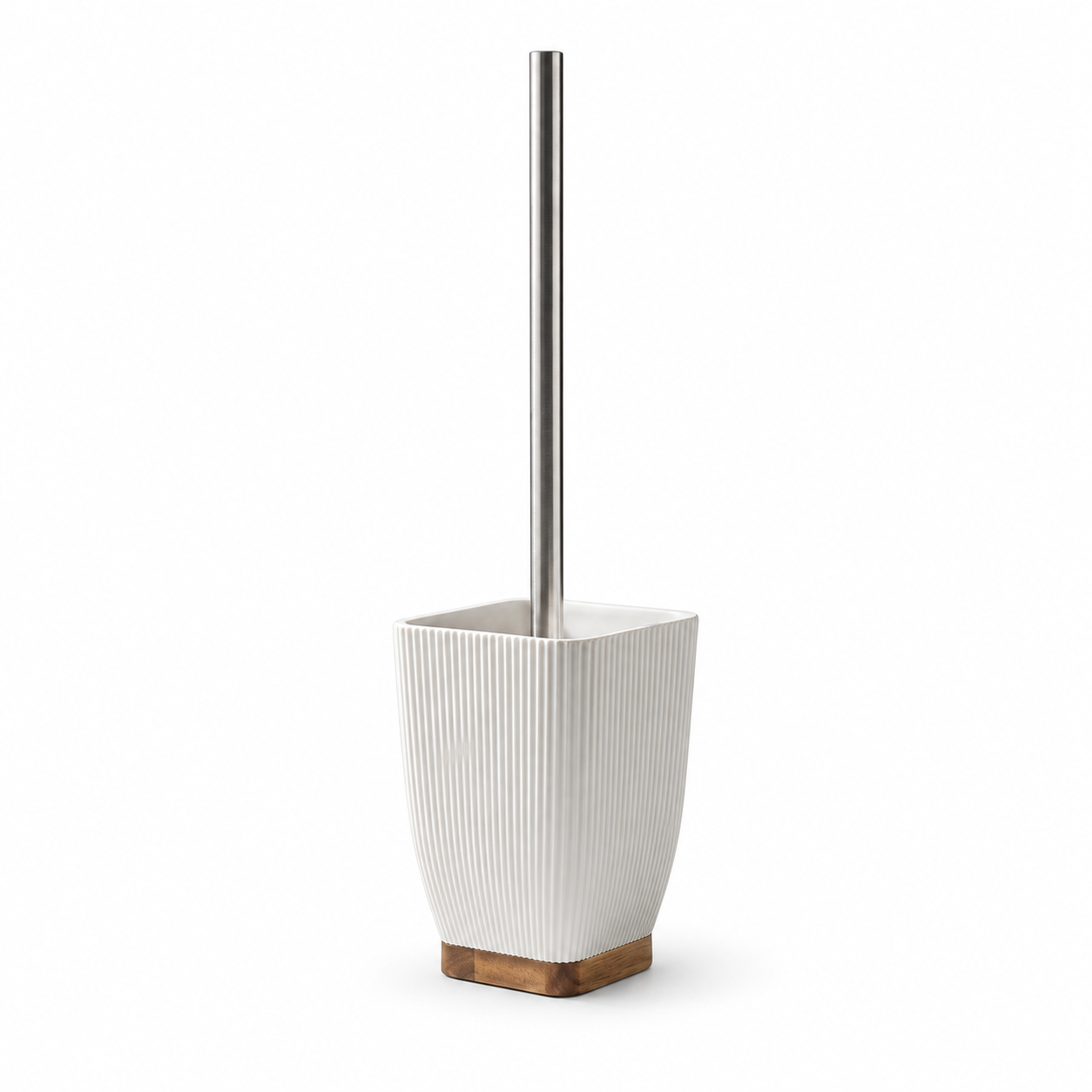 JS Maison Brosse WC blanche en polyrésine avec accent en bois d'acacia - Simple Boutique