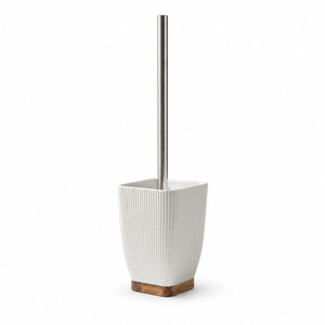 JS Maison Brosse WC blanche en polyrésine avec accent en bois d'acacia - Simple Boutique