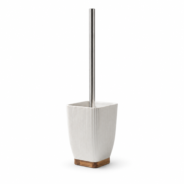 JS Maison Brosse WC blanche en polyrésine avec accent en bois d'acacia - Simple Boutique