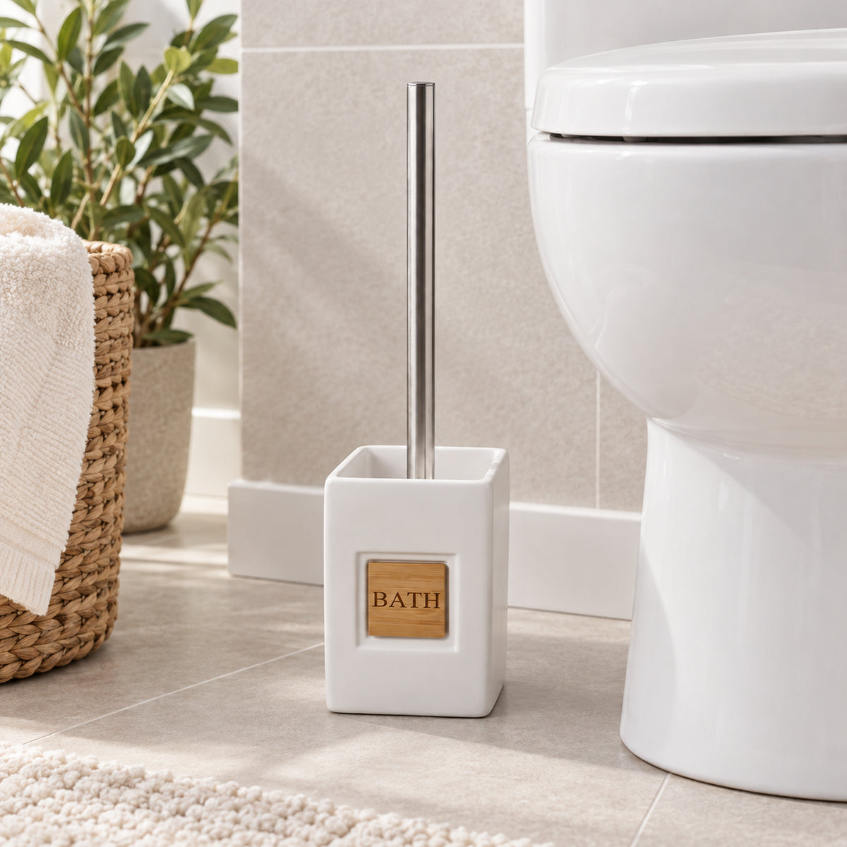 JS Maison Brosse WC en Dolomite Blanche avec Accents Bambou - Simple Boutique