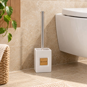 JS Maison Brosse WC en Dolomite Blanche avec Accents Bambou - Simple Boutique