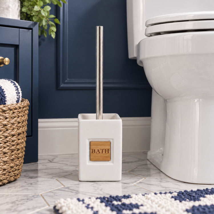 JS Maison Brosse WC en Dolomite Blanche avec Accents Bambou - Simple Boutique