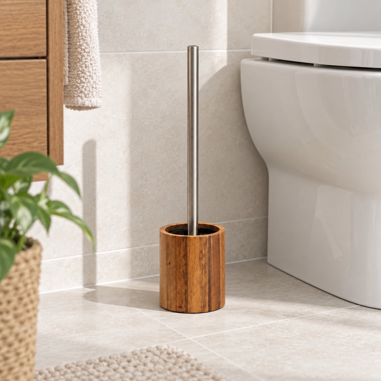 JS Maison Brosse WC en bois d'acacia JS avec manche en acier inoxydable - Simple Boutique