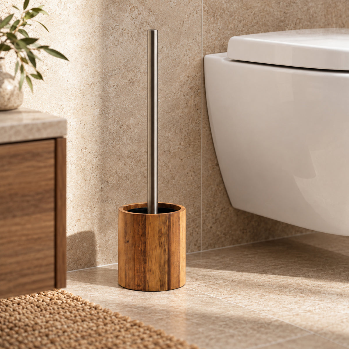 JS Maison Brosse WC en bois d'acacia JS avec manche en acier inoxydable - Simple Boutique