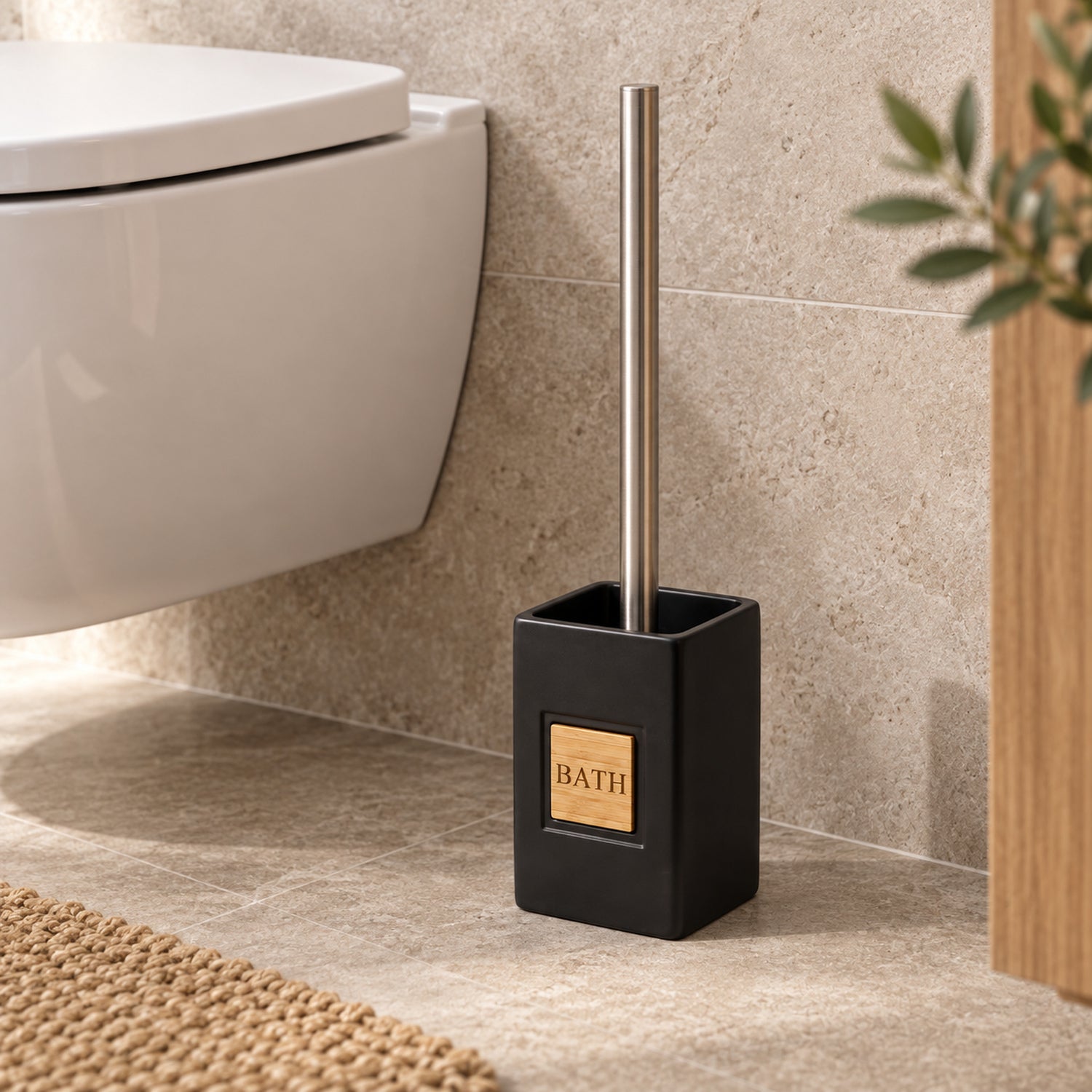 JS Maison Brosse WC en dolomie noire avec accent en bambou - Simple Boutique