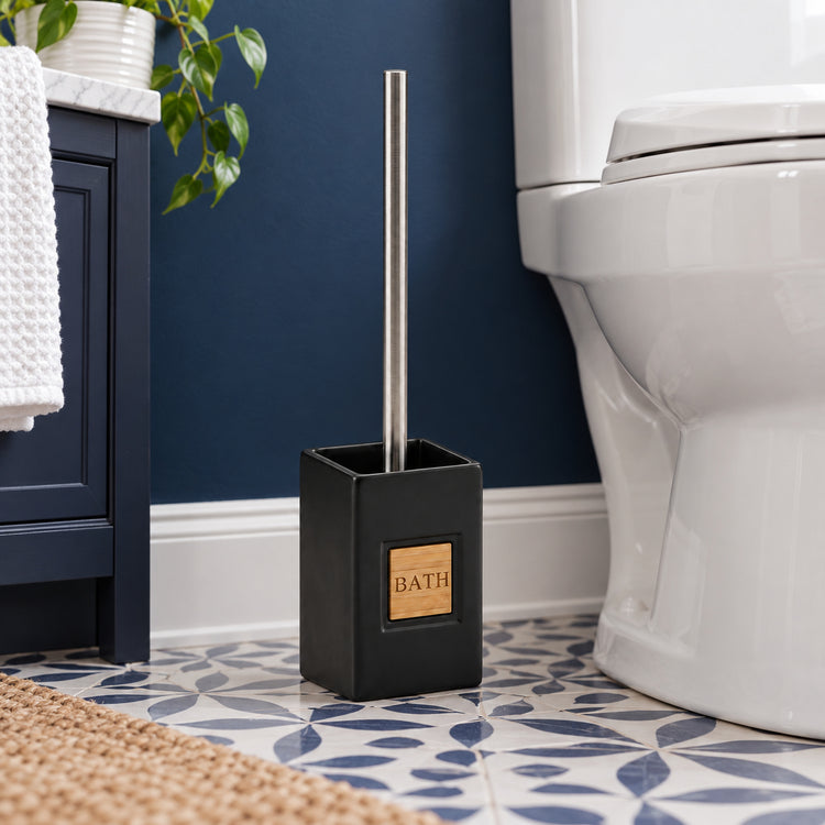 JS Maison Brosse WC en dolomie noire avec accent en bambou - Simple Boutique
