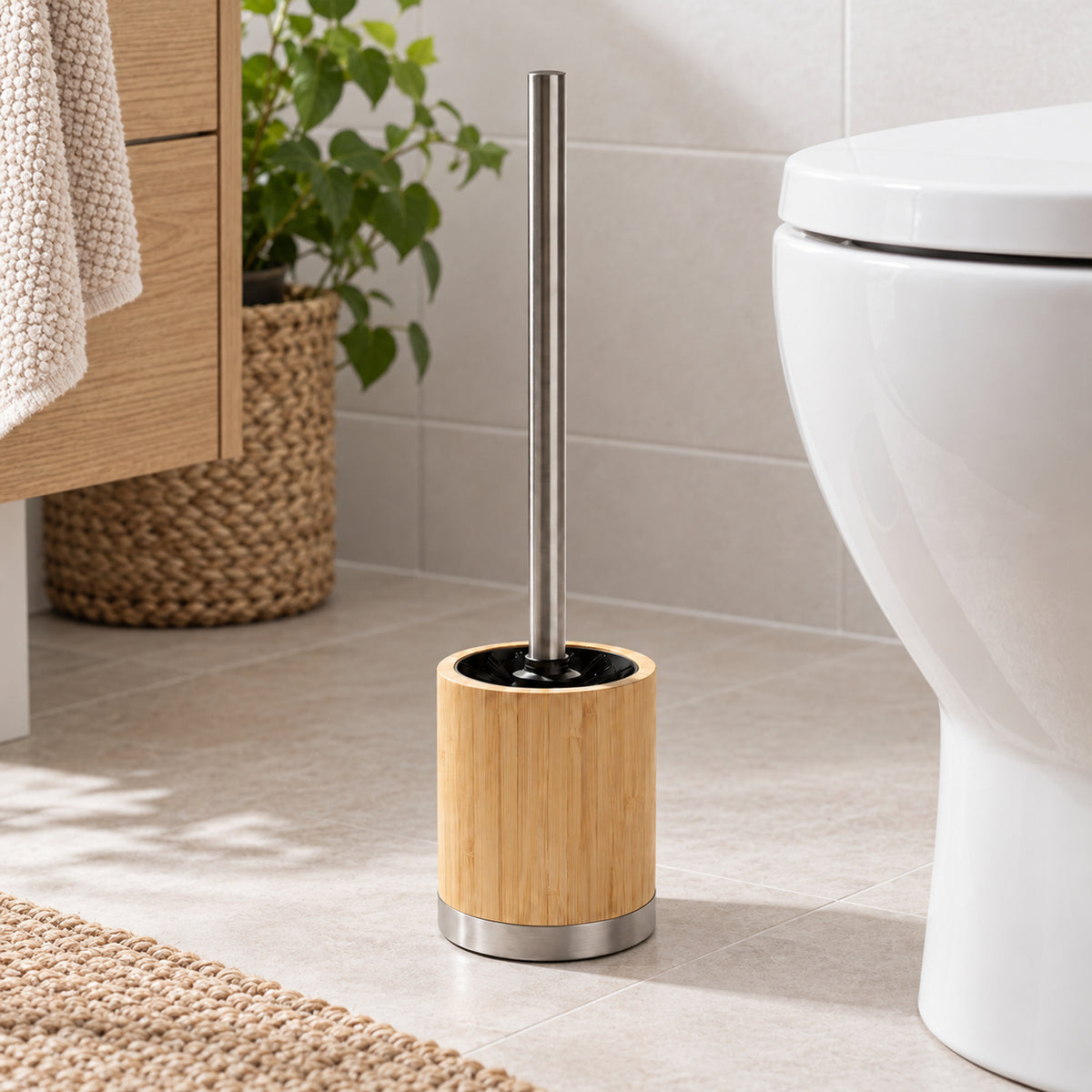 JS Maison Brosse de toilette avec support en bambou et acier inoxydable - Simple Boutique