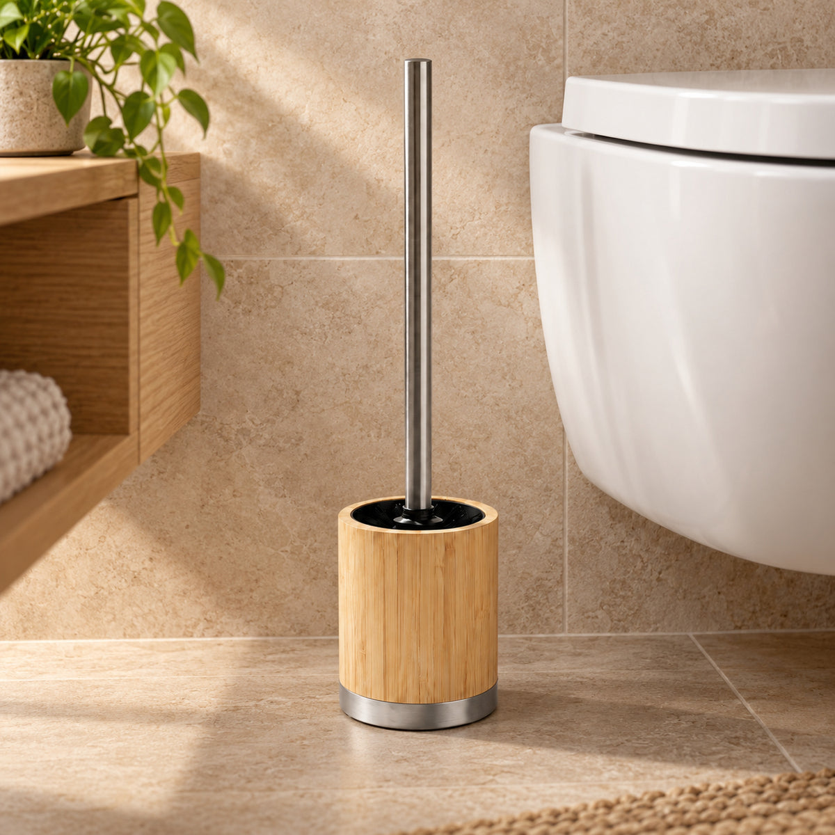 JS Maison Brosse de toilette avec support en bambou et acier inoxydable - Simple Boutique